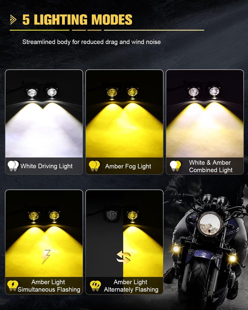 CO LIGHT Motorcycle LED Fog Lights Auxiliary Driving Light 60W 18000LM Dual Color Spotlights White Amber Strobe Flashing Lights with 5 Modes Wire Harness Kit, for Car Truck Boat ATV UTV, 2PCS - Image 2